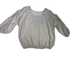 Charming Charlie Beige Semi Sheer Chiffon Crochet Lace Trimmed Blouse Top Small